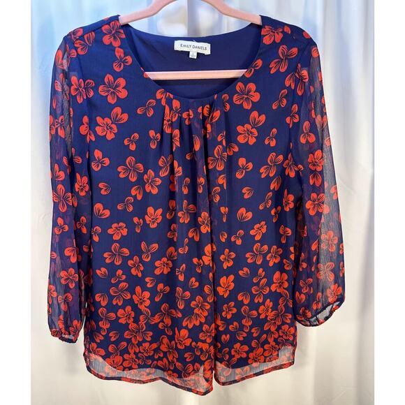 Women's Large Blue Red Floral Emily Daniels Blouse - Picture 1 of 8